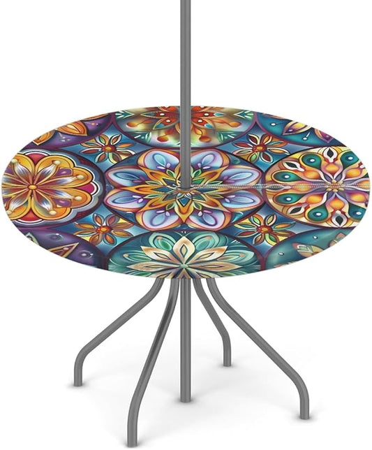 OSAM SPACE Outdoor Tablecloth with Umbrella Hole, Round Elastic Fitted Table Cloth with Invisible Zipper,Dark Colorful Mandala Flower Picnic Patio Table Cover 36-44in