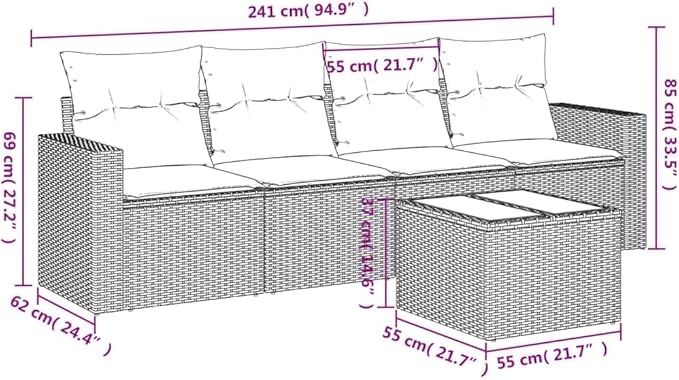 vidaXL Patio Sofa Set with Cushions 5 Piece, Outdoor Sectional Sofa, Conversation Set for Balcony Garden, Patio Furniture, Gray Poly Rattan