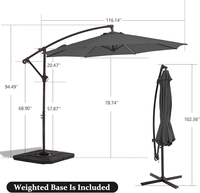 10FT Patio Umbrella, Outdoor Offset Cantilever Umbrella with Sturdy 8 Ribs and Reinforced Base, Easy Tilt Adjustment for Backyard Pool Garden,Grey