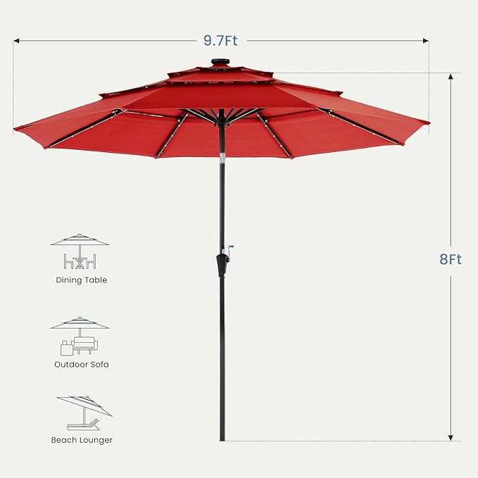 DUMOS LED Outdoor Patio Umbrella 10 FT UV-Resistant Market Umbrella with Tilt Adjustment & Crank Lift, All-Weather Shade for Backyard, Deck, Garden, Beach