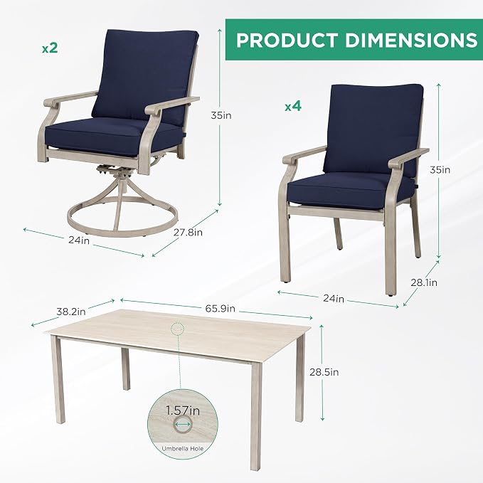 7-Piece Patio Dining Set, White Food-Grade Sintered Stone Dining Table with Umbrella Hole, 4 Dining Chairs and 2 Swivel Chairs with Blue Removable Thickened Cushions for Garden Lawn Yard