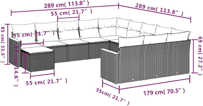 12 Piece Patio Sofa Set with Cushions, Front Porch Furniture Sectional Sofa Patio Conversation Set Porch Furniture Set for Exhibition Garden Negotiation Area Poolside Black Poly Rattan