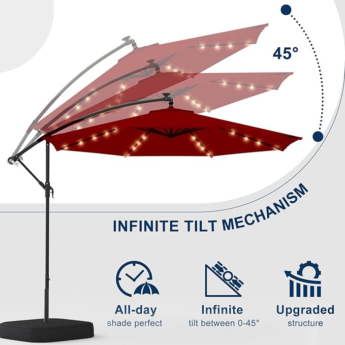 EROMMY 10FT 40-LED Solar Lighted Patio Umbrella with Base Included, Outdoor Offset Cantilever Umbrella, Infinite Tilt, Crank and Cross Base, UV Protection for Backyard, Lawn, Garden & Pool