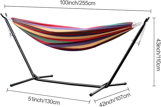 Worparsen Basics Double Hammock with Space Saving Metal Stand,Indoor Hammock Stand with Carrying Bag,Strong Load-Bearing,Striped Print,for Camping Garden Backyard Patio Indoor Outdoor Red