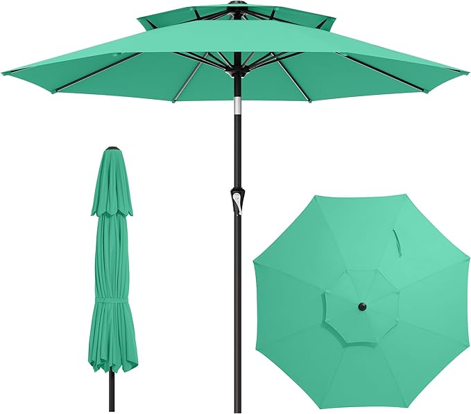 AreShark 10ft 2 Tiers Patio Umbrella - Outdoor Umbrella Waterproof UV Protection, Market Table Umbrella w/Push Button Tilt&Crank for Pool, Porch, Garden(Turquoise)