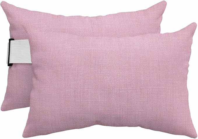 Pink Outdoor Lumbar Pillows 12x20 Set of 2, Farmhouse Burlap Solid Pink Color Modern Linen Texture Waterproof Throw Pillow Covers with Insert, Decorative Support Pillows for Lounge, Chaise