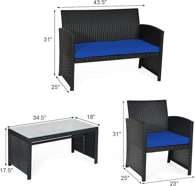 COSTWAY 4 Pieces Patio Rattan Furniture Set, Outdoor Wicker Conversation Set with Soft Cushions & Tempered Glass Coffee Table, Cushioned Chair Sofa for Backyard, Porch, Poolside, Lawn, Garden, Navy