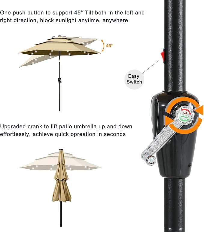 ABCCANOPY 3-Tiers 10FT Solar Patio Umbrella, Outdoor Umbrella with 32 LED Lights for for Deck, Pool, Garden, Backyard (Khaki)