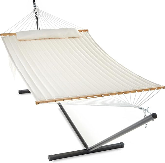 GAFETE 2 Person Hammock with Stand for Outside, Heavy Duty Steel Stand, Double 55inch Hammocks, Large Removable Pillow, Storage Bags, Max 475 lbs Capacity (Beige)