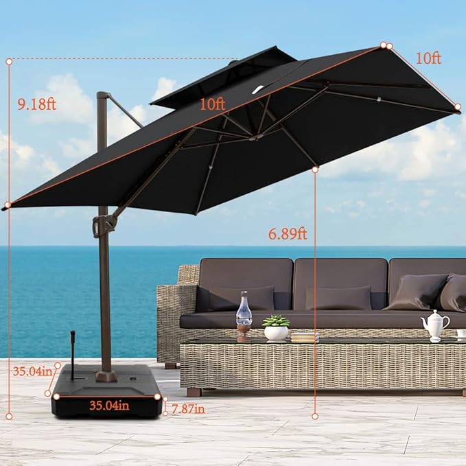 HomeRoots 10' Black Polyester Square Tilt Cantilever Patio Umbrella with Stand