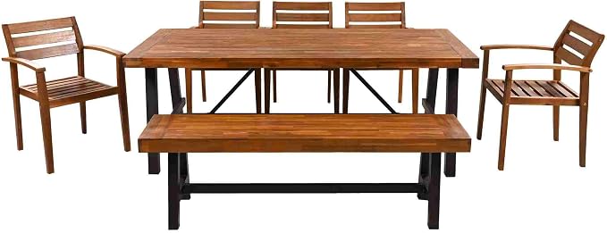 SOFTSEA 7-Piece Outdoor Acacia Wood Dining Table Set with Bench, All Weather Patio Dining Set with Ergonomic Chairs and Removable Cushions, Acacia Wood
