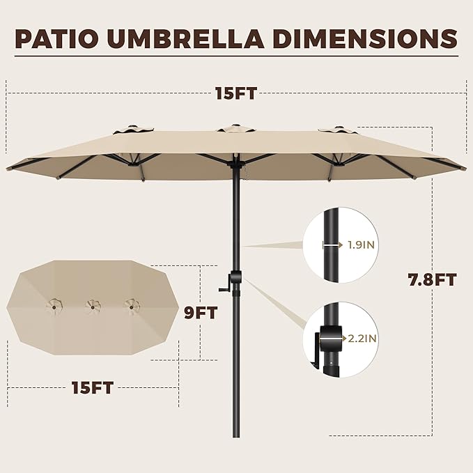 GDPFN 15FT Large Patio Umbrella, Outdoor Deck Standing Umbrella with Crank Handle, Double-Side Rectangular Pool Umbrella for Outside, Market, Patio, Beige (Base Not Include)