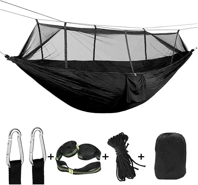 Hammock Camping Hammock with Net, Lightweight Portable Double Parachute Hammocks, High Capacity & Tear Resistance for Backyard,Hiking Camping Essentials (Color : Black-6loops)