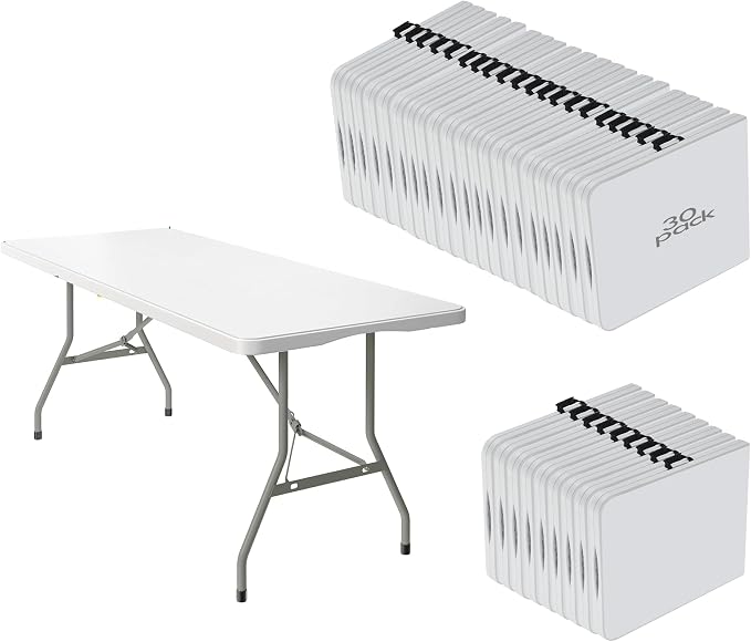 30 Pack of 6 Foot Foldable Table with Built in Handle & Steel Legs ,Heavy Duty Portable ,Perfect for Party, Dining, Wedding, Events, Picnic Indoor, Outdoor, Camping, Utility, Folding(white-30pac)
