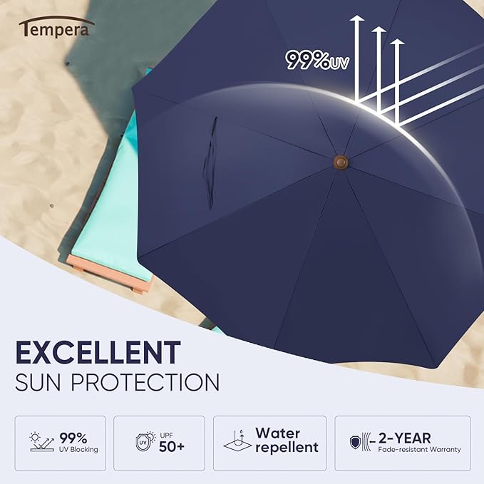 Tempera Heavy Duty High Wind Beach Umbrella with Sand Anchor & Carry Bag | Patio Outdoor Umbrella with Aluminum Frame and Push Button Tilt, Ideal for Travel Garden Lawn, UPF 60+