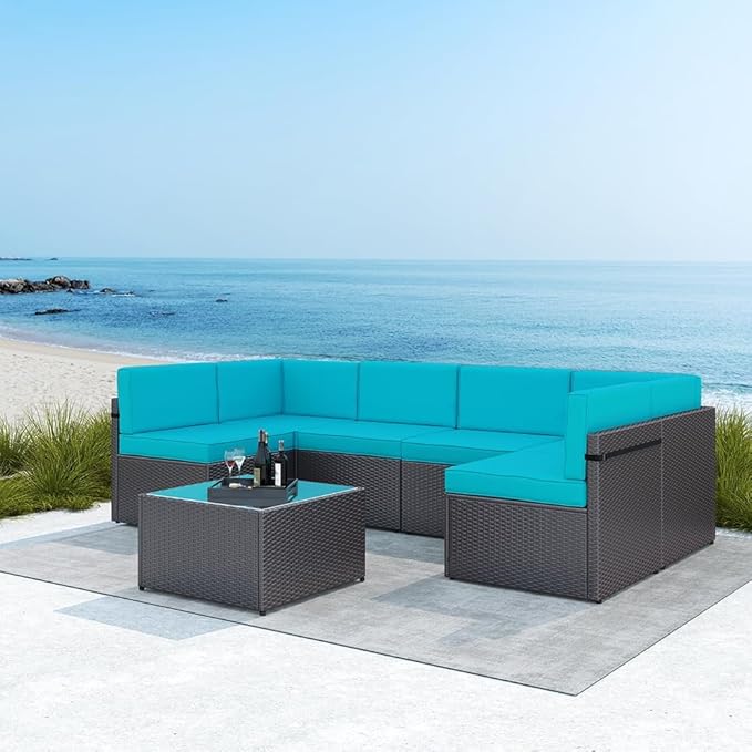 FIZZEEY 7 PCs Outdoor Patio Furniture PE Wicker Rattan Sectional Conversation Sofa Set, Turquoise