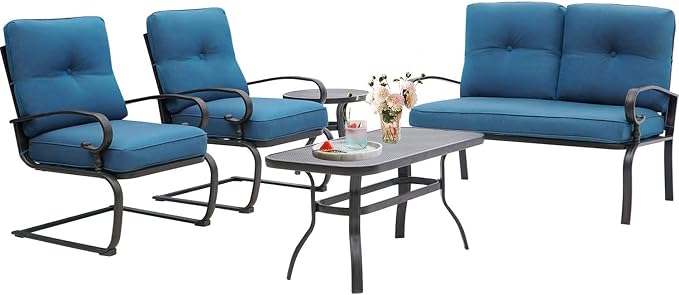 Skiway Outdoor Metal Funiture Set 5Pcs Patio Conversation Set Loveseat, 2 Spring Chairs with Coffee Table and Peacock Blue Cushions, Wrought Iron Look
