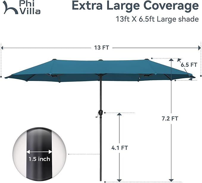PHI VILLA 13ft Large Patio Umbrellas, Double-Sided Outdoor Market Rectangle Umbrella for Outside, Cyan