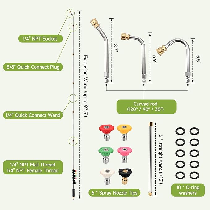 47" &24" Radiator Cleaning Wand Set, 97.5 inch Pressure Washer Extension Wand with Spray Nozzle Tips, 30°,90°,120° Curved Rod, 1/4" Quick Connect
