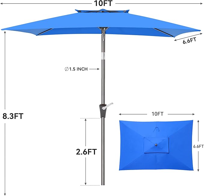 6.6 x 10 ft Rectangular Patio Umbrella, Outdoor Market Table Umbrella with Push Button Tilt and Crank, Double-Tier Vent, 6 Ribs, Rectangle Patio Umbrella for Backyard, Deck, Pool, Fits 4–6 Chairs and Tables (Blue)