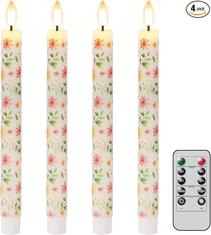 Floral Flameless Taper Candles with Remote Timer, LED Taper Candles Battery Operated Warm 3D Wick Flickering, Real Wax CandleSticks, Wedding Birthday Christmas Decor