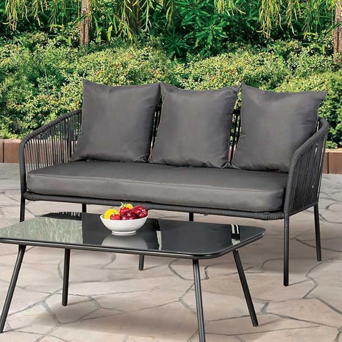 Furniture of America Serenade Metal 4-Piece Patio Conversation Set, Gloss Table Top, Chairs and Loveseat with Removable Cushions for Porch, Backyard, Lawn, Garden, Light Gray