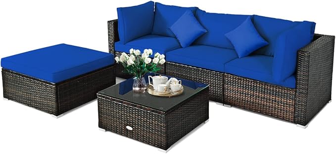 COSTWAY 5-Piece Outdoor Patio Furniture Set, Glass Top Coffee Table and Lounge Sofa with Cushions, PE Rattan Conversation Set for Garden, Deck, Backyard (Navy)
