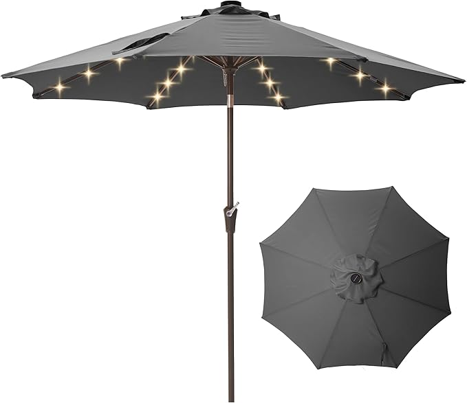 9FT Solar-Powered LED Patio Umbrella with Tilt Crank,Outdoor Market Umbrella with 32 Lights,Sunshade for Deck, Garden and Pool