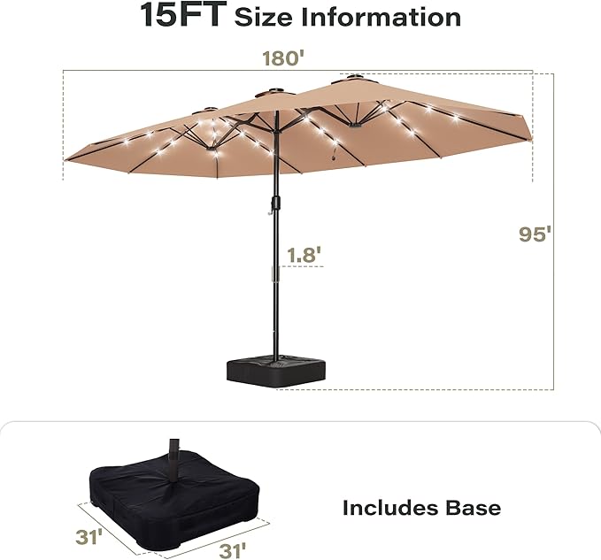 EO Living 13ft Large Patio Umbrella with Solar Lights, Double-Sided Rectangle Outdoor Umbrella with Base Included, 24 LED Lights Table Umbrella for Poolside Deck Market (Beige)