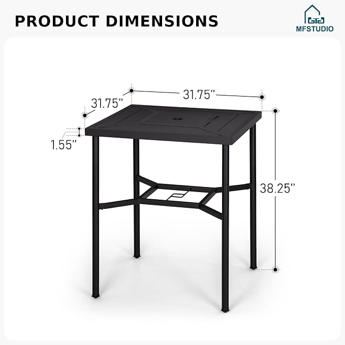 MFSTUDIO 38” Patio Counter Height Bar Table, with 32” Square Heavy Duty Metal Table Top for 4, All Weather Resistant Outdoor Table with Umbrella Hole, Black