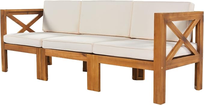 5-Piece Outdoor Backyard Patio Set, Acacia Wood Sectional Sofa Seating Group Set with Tea Table and Cushions, Conversation Furniture Set for Garden Backyard Poolside (Natural Finish+beige cushion 2)