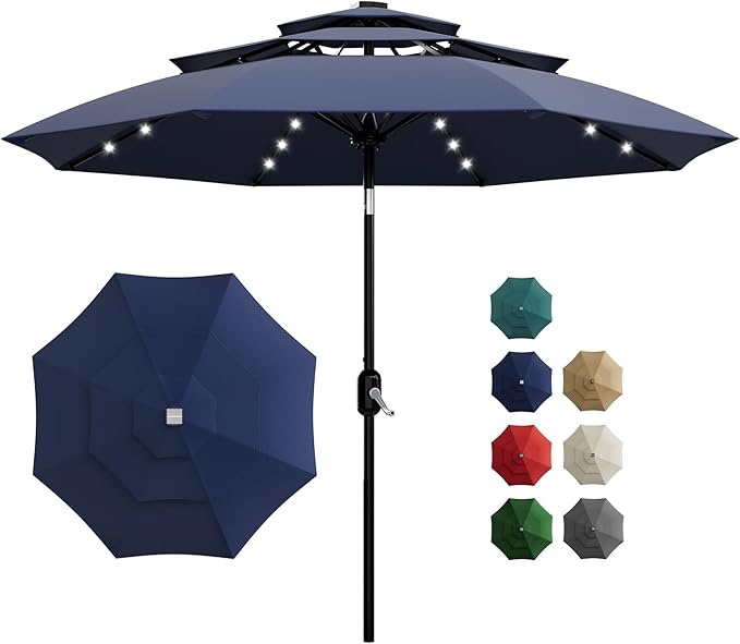 Garvee 10Ft 3-Tier Solar Patio Umbrella with LED Lights, Outdoor Table Umbrella with Vents, Easy Crank and Push Button Tilt, Market Umbrella with 8 Sturdy Ribs for Pool, Deck, Yard, Garden -Navy Blue
