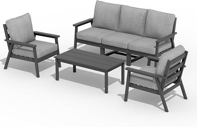 LOUNZY HDPE Patio Furinture Set, 6 Piece Sectional Sofa Outdoor Furniture Set, All Weather Outdoor Couch Set Patio Conversation Set for Deck, Lawn, Grey