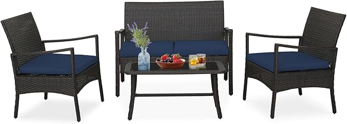 Tangkula 4 Pieces Outdoor Conversation Set, Patio PE Wicker Sofa with Tempered Glass Coffee Table, Soft Seat Cushions Included, Modern Rattan Chair Table Set for Porch, Backyard (1, Navy)