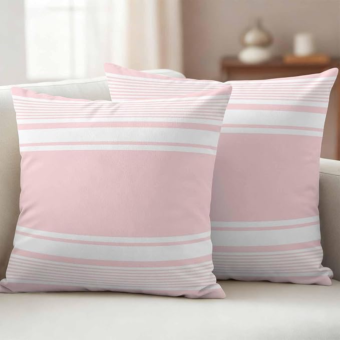 Outdoor Waterproof Throw Pillow Covers, Pink Striped Decorative Pillow Cases, Modern Color Block Farmhouse Stripes Couch Pillow Protector Patio Sofa Cushion Covers Replacement 26"x26" 2 Pack