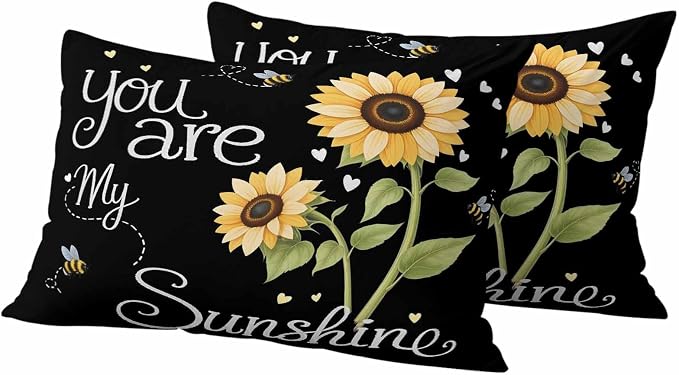 Outdoor Pillow Covers You are My Sunshine Words Decorative Throw Pillow Covers, Country Sunflowers Bees Throw Cushion Case with Zipper for Patio,Couch,Sofa,Garden 20x12in Set of 2