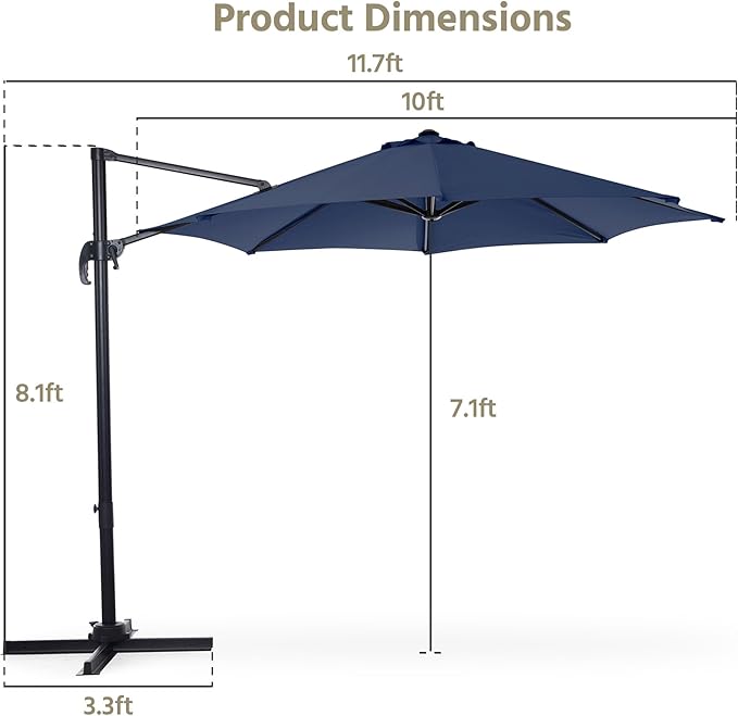 LAUSAINT HOME 10FT Round Outdoor Cantilever Umbrella, Offset Patio Umbrella with 360° Rotation & 5-Angle Adjustment, Aluminum Pool Umbrella for Garden Deck, Blue