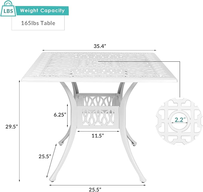 MEETWARM 35.4" Square Patio Dinning Table, Outdoor Cast Aluminum Dinning Large Table with 2.2" Umbrella Hole, White