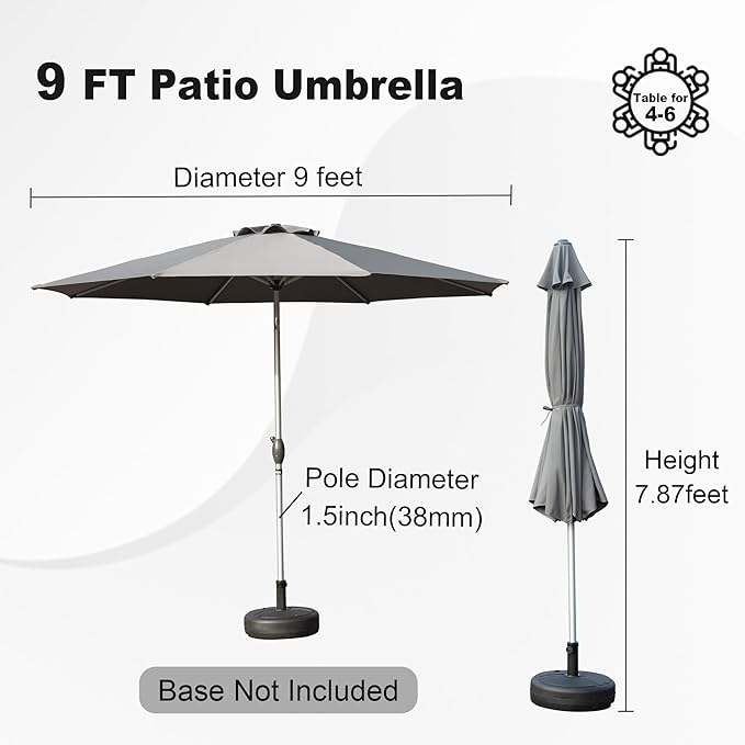 Domi 9FT Patio Umbrella, Outdoor Table Umbrella with Aluminum Pole, UV Protection Waterproof Market Sun Umbrella with Push Button Tilt and Crank for Garden, Deck, Backyard, Pool (Gray)