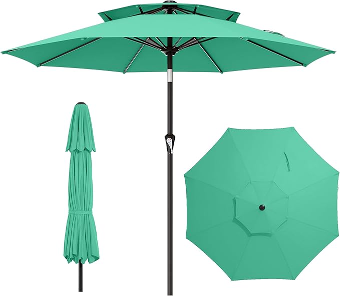 AreShark 9ft 2 Tiers Patio Umbrella - Outdoor Umbrella Waterproof UV Protection, Market Table Umbrella w/Push Button Tilt&Crank for Pool, Porch, Garden(Turquoise)