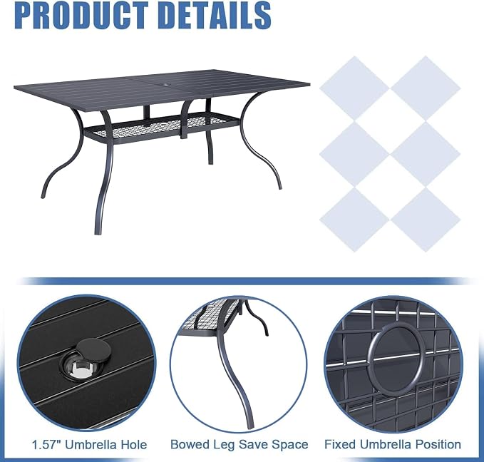 SOLAURA 8-Piece Outdoor Patio Dining Set, 6 Person Outside Table and Chairs Set, Metal Stacked Chairs of 6, Slat Table Top with 1.57" Umbrella Hole and 9 FT Patio Umbrella (Black)