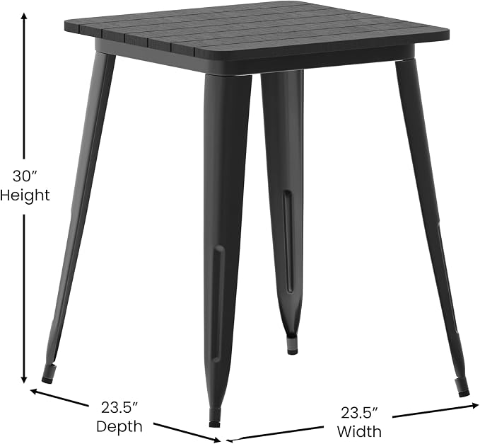EMMA + OLIVER Drew Dining Table - Black 23.75" Square Poly Resin Table Top - Black Steel Base - All-Weather for Indoor/Outdoor Use