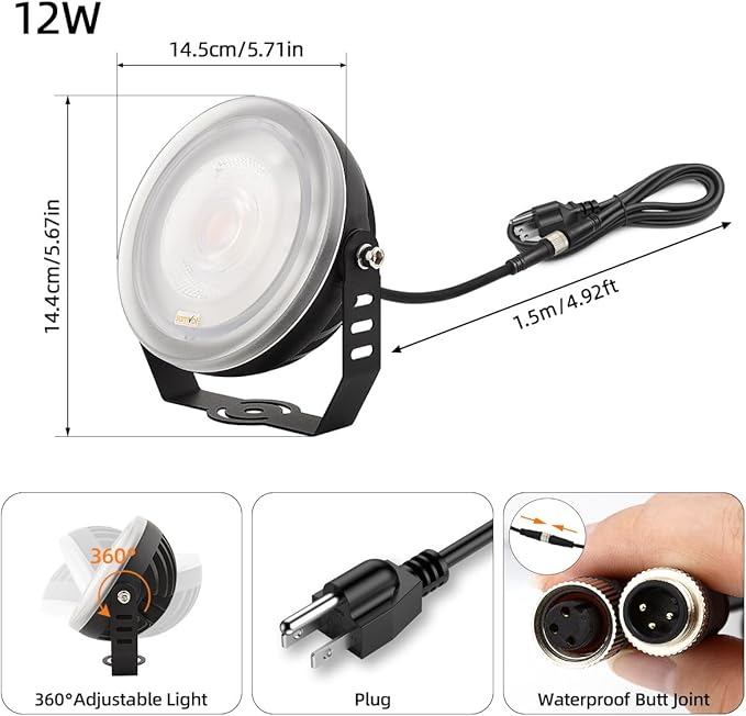 12W LED Edge-Lit Landscape Spotlight IP67 Waterproof 120V 3000K Thickened Aluminum 270° Adjustable Bracket for Yard Garden Tree Architectural Lighting