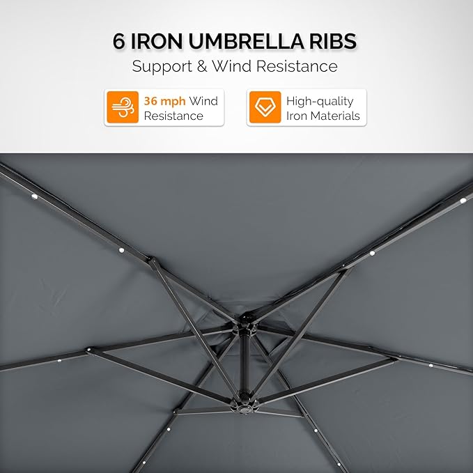 VINGLI 10 ft Cantilever Patio Umbrella, Offset Cantilever Outdoor Umbrella with Solar Lights, Easy Crank & Tilt Adjustment for Backyard, Poolside, Deck