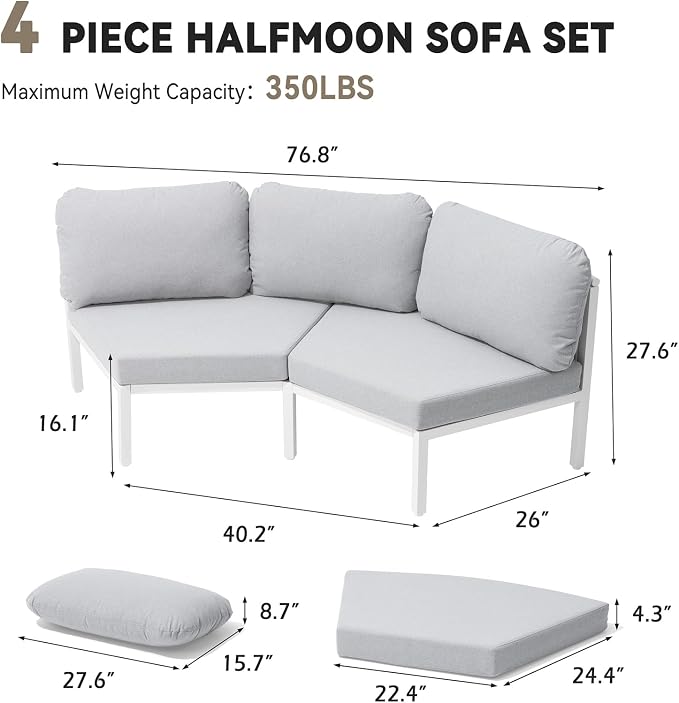 Crestlive Products Curved Patio Furniture Set, Modular Half Moon 4-Seater Sofa, Aluminum Outdoor Sectional with 5-Inch Water-Resistant Cushions, All Weather Couch for Backyard, Porch, Light Grey
