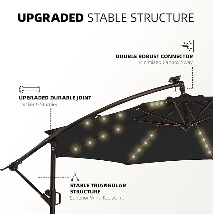 wikiwiki 10ft Solar LED Offset Hanging Market Cantilever Patio Umbrella for Backyard, Poolside, Lawn and Garden, Easy Tilt Adjustment, Polyester Shade & Cross Base, Carbon