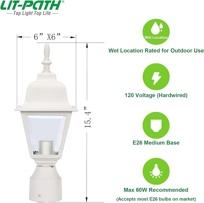 Outdoor Post Light, Rustproof Aluminum Pole Lamp, White | Exterior Lamp Post Light Fixture for Garden, Yard, Pathway, Waterproof, Glass, E26 Base, Max 60W