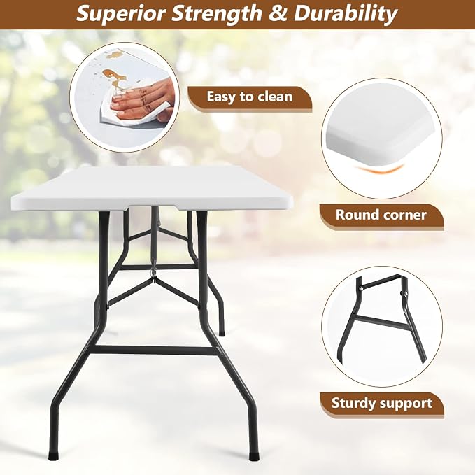 8FT Folding Table, Heavy Duty Foldable Dining Table, Portable Plastic Picnic Table with Handle, Indoor Outdoor Camping Table, Fold-in-Half Rectangular Banquet Party Table – White