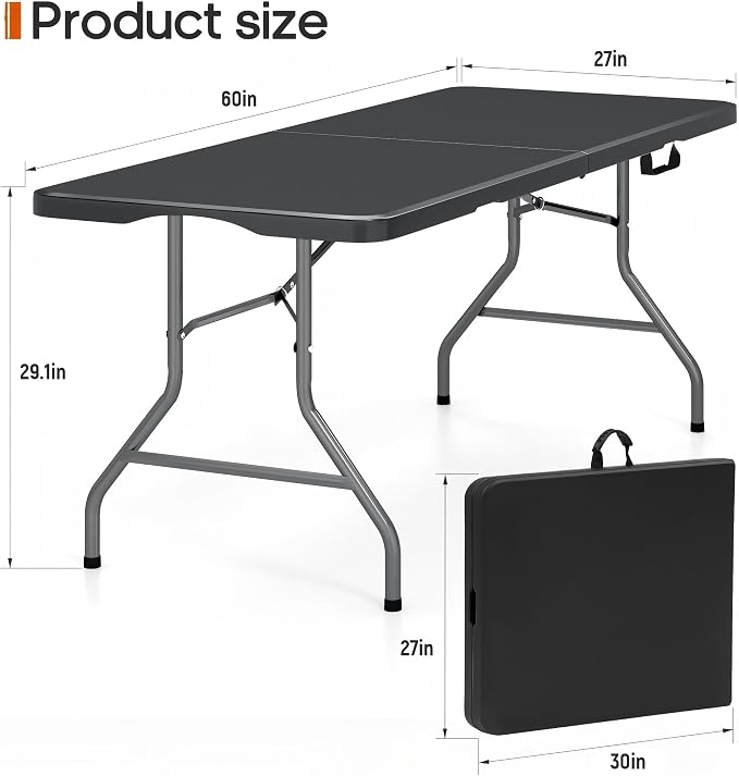 Fenbeli 8FT Folding Table, 350 LBS Heavy Duty with 18% Thicker HDPE Waterproof Top, Fold in Half Portable Table with Carry Handle & Safety Locks, Steel Frame for Indoor Outdoor Party Events