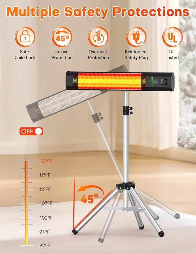 1500W Outdoor Heaters for Patio with 9 Heating Levels, IP65 Waterproof, 9H Timer, 25FT Remote Electric Patio Heaters for Outdoor Use, Tip-Over & Overheat Protection for Home, Office, Garage